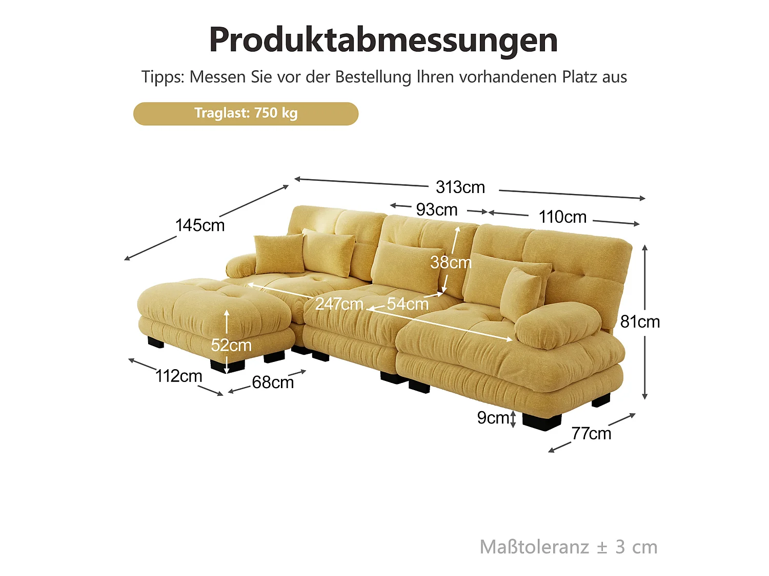 Canapé modulable 3 places 313 cm avec pouf - Tissu chenille jaune
