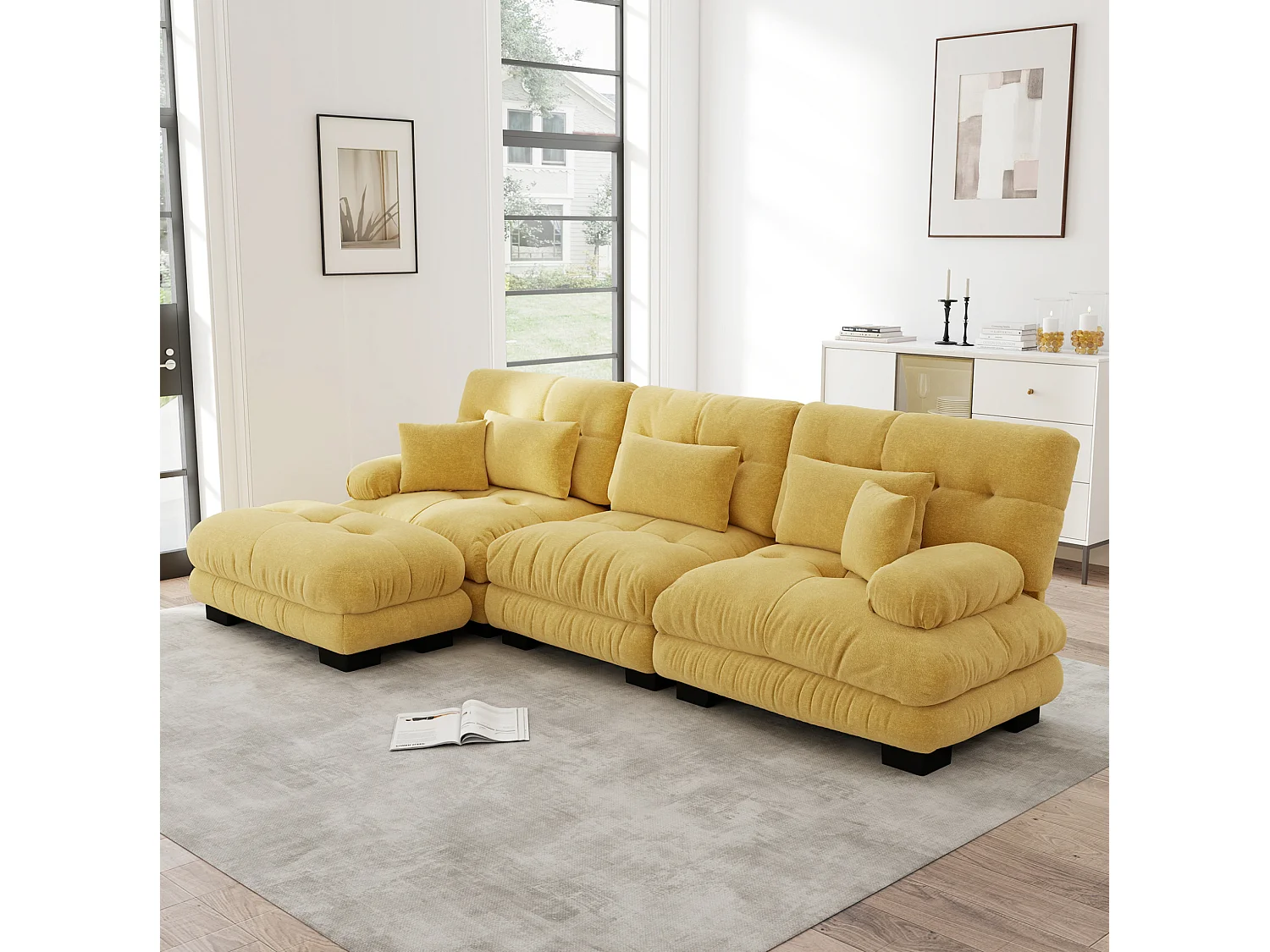 Canapé modulable 3 places 313 cm avec pouf - Tissu chenille jaune
