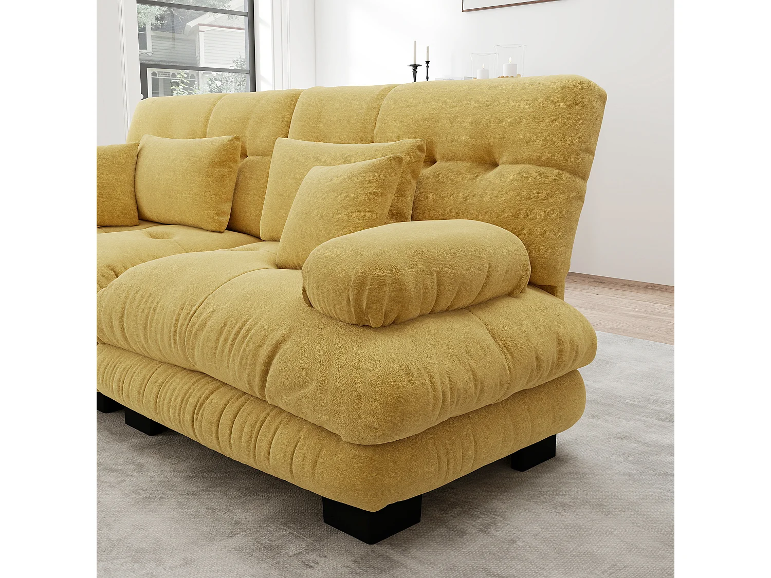 Canapé modulable 3 places 313 cm avec pouf - Tissu chenille jaune