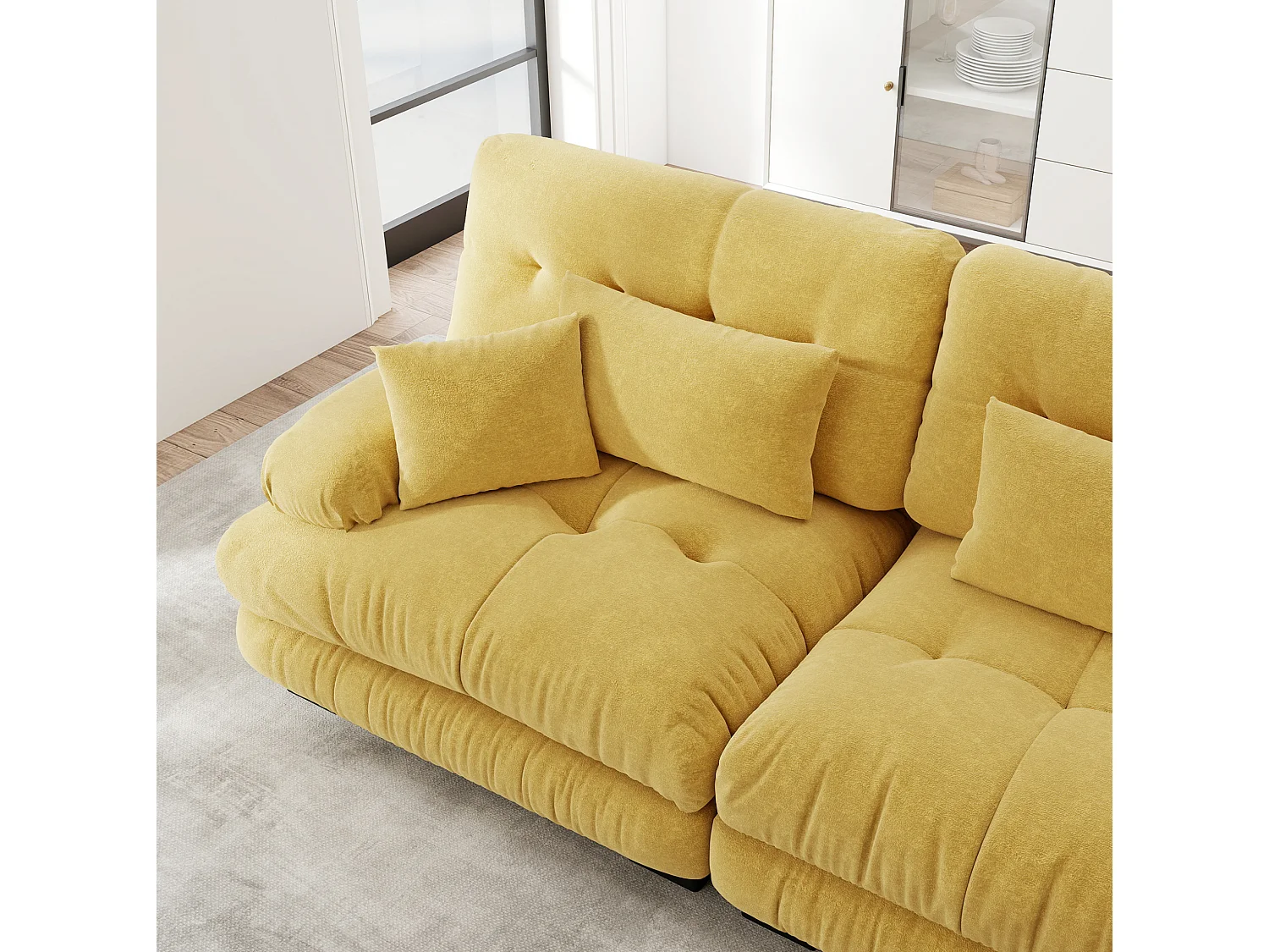 Canapé modulable 3 places 313 cm avec pouf - Tissu chenille jaune
