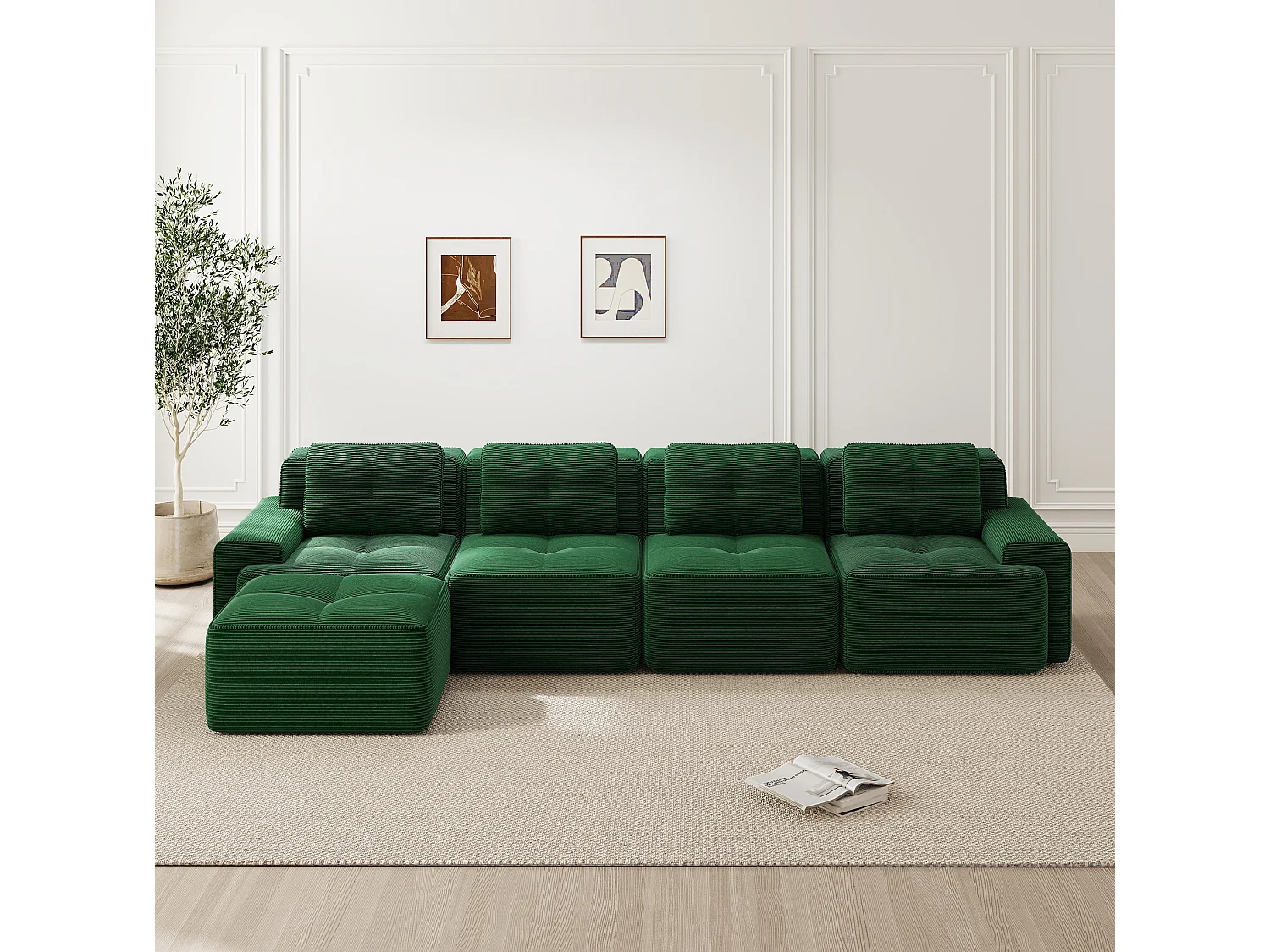 Sofá modular de 4 plazas, 382 cm, de pana con otomana - Verde