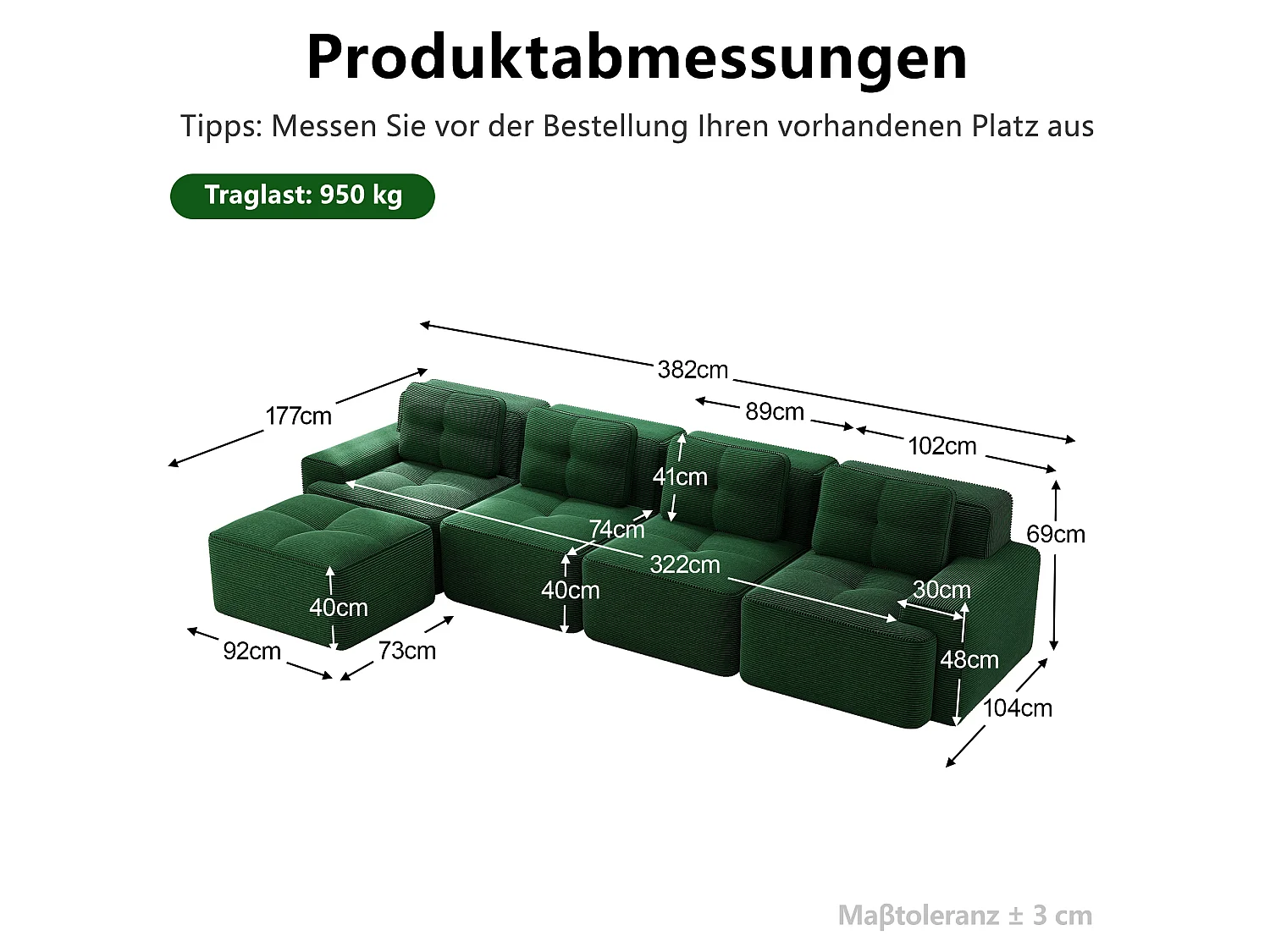 Sofá modular de 4 plazas, 382 cm, de pana con otomana - Verde
