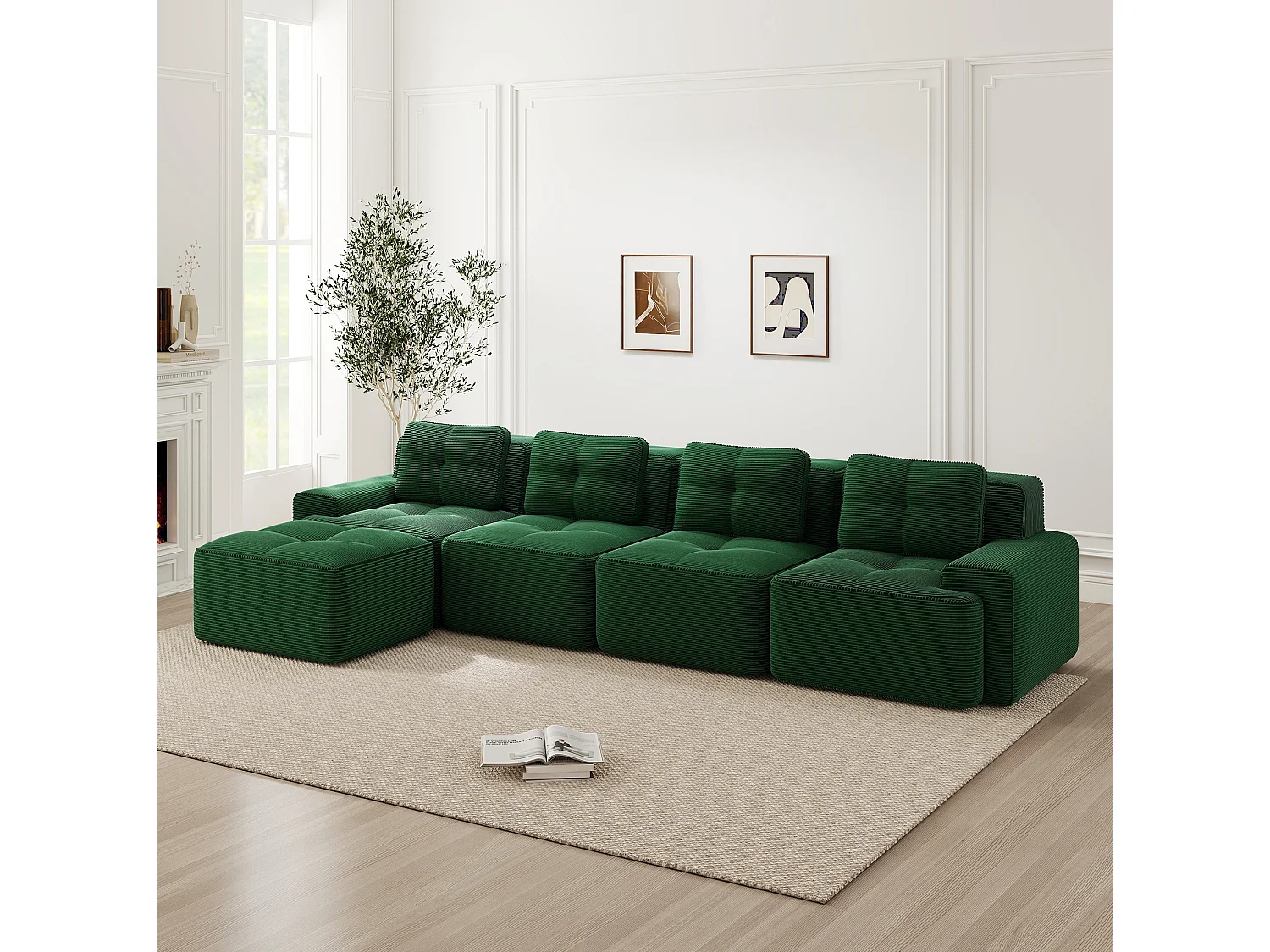 Sofá modular de 4 plazas, 382 cm, de pana con otomana - Verde