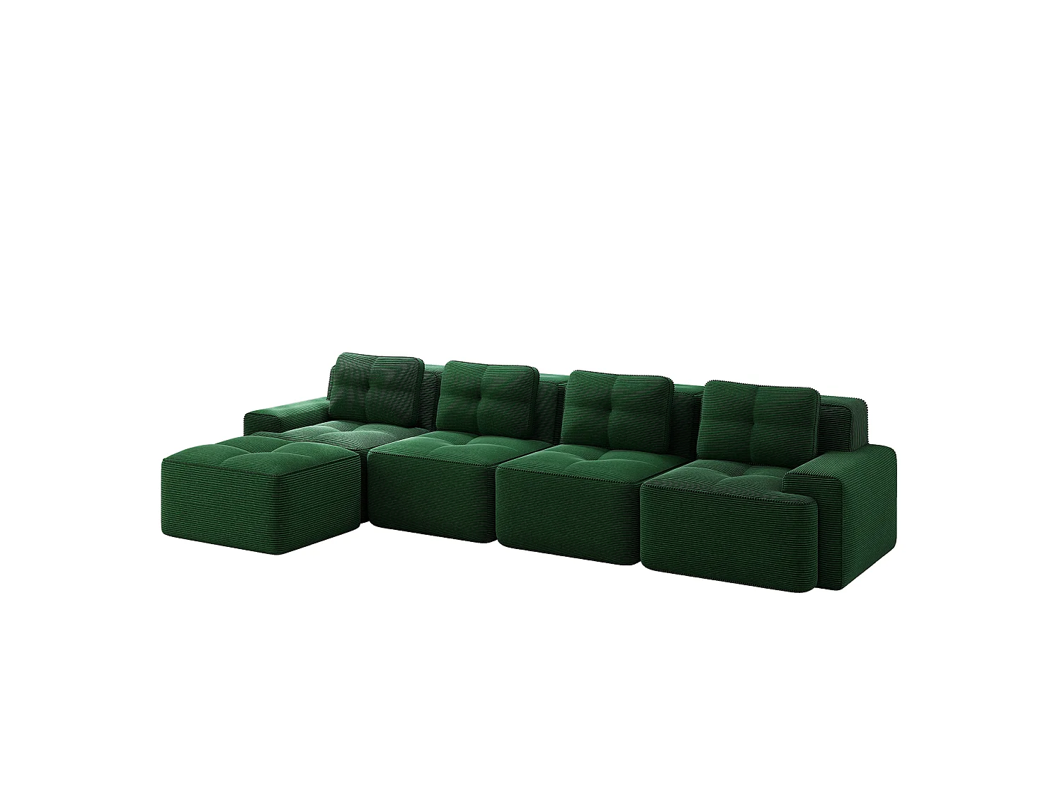 Sofá modular de 4 plazas, 382 cm, de pana con otomana - Verde