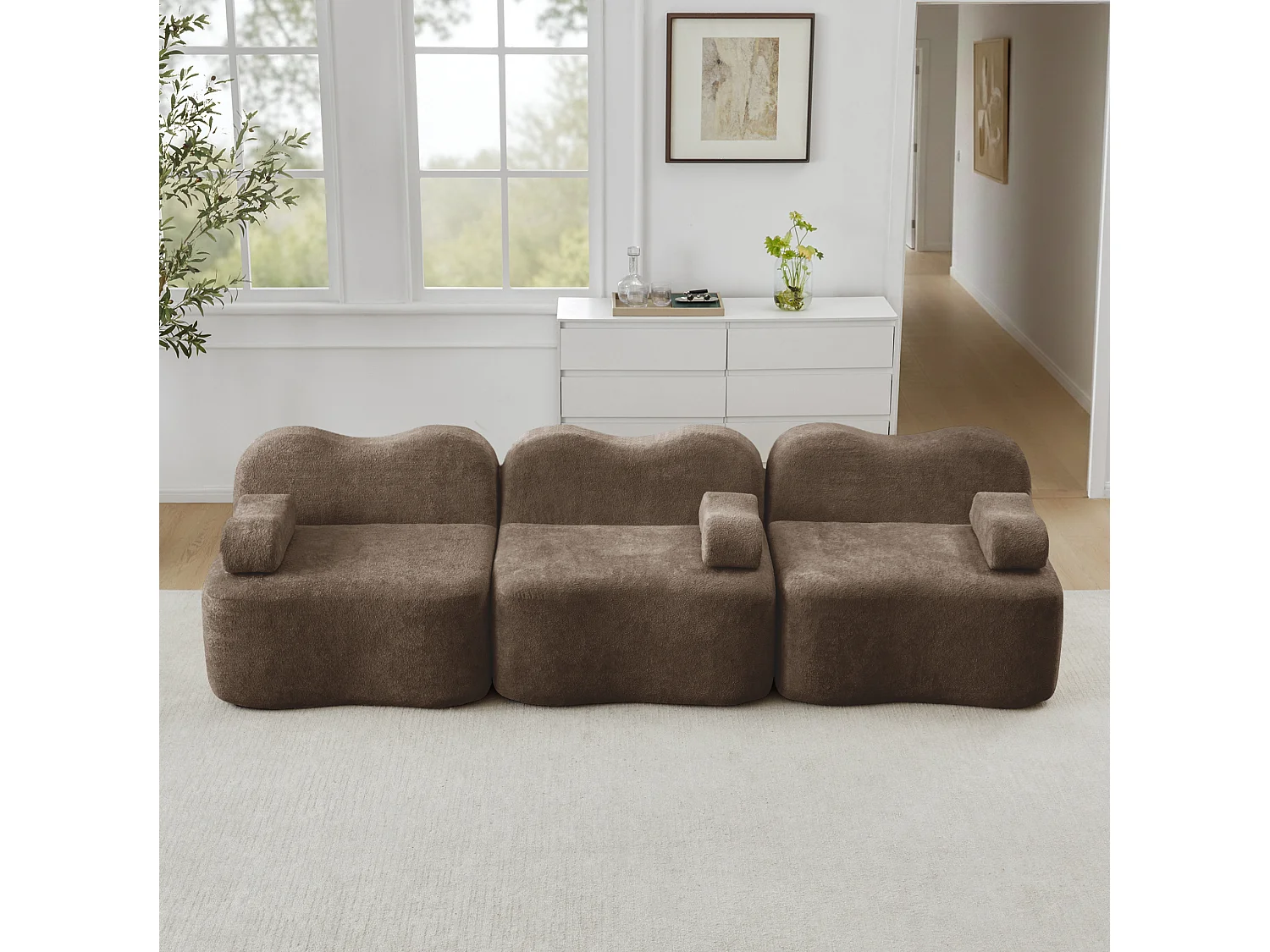 Canapé modulable 3 places en velours avec accoudoirs amovibles - Marron