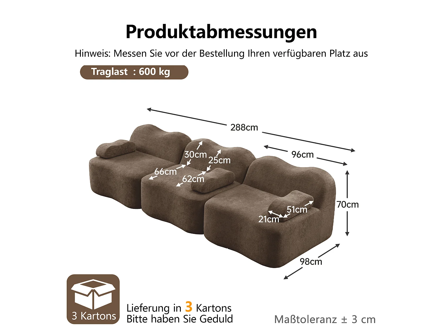 Canapé modulable 3 places en velours avec accoudoirs amovibles - Marron