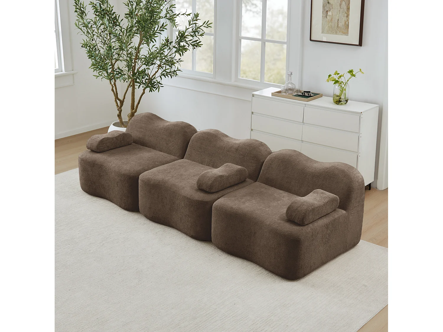 Canapé modulable 3 places en velours avec accoudoirs amovibles - Marron