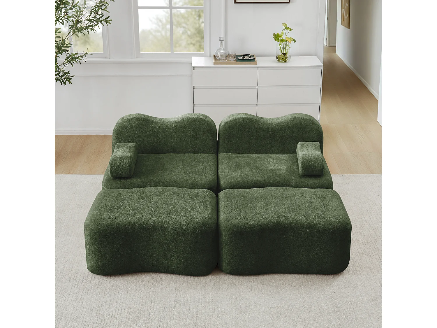 Modulaire 2-zitsbank van fluweel met 2 voetenbankjes - Golvend design - Groen