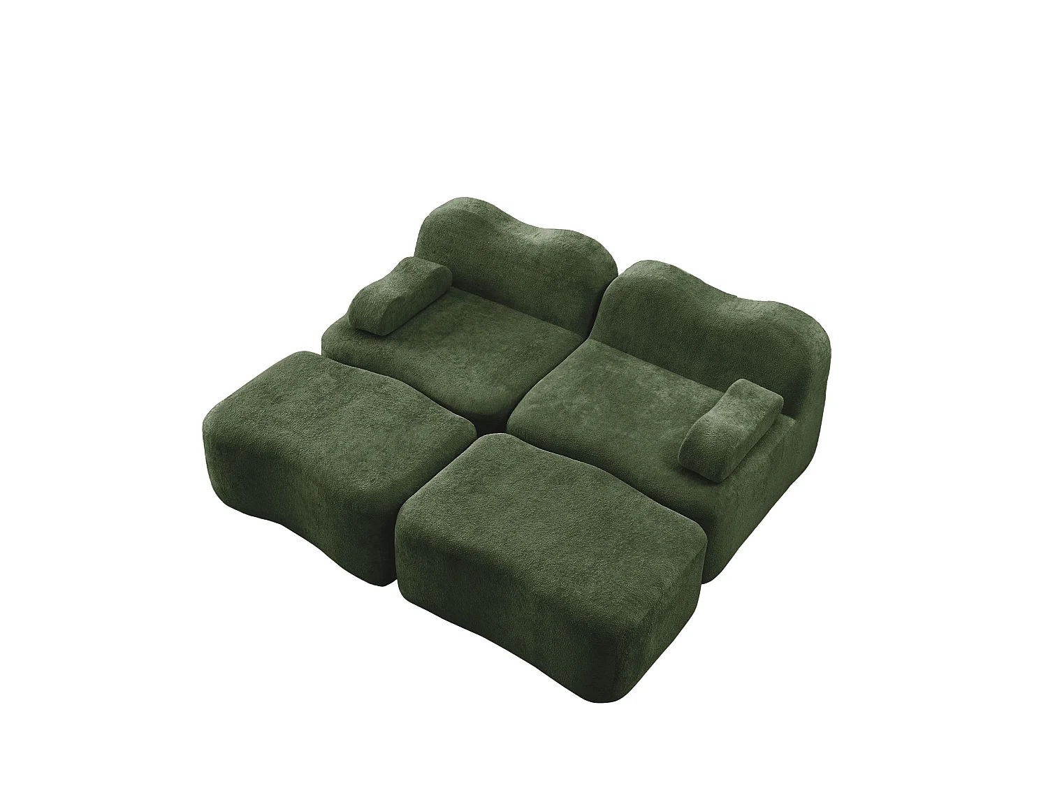 Modulaire 2-zitsbank van fluweel met 2 voetenbankjes - Golvend design - Groen