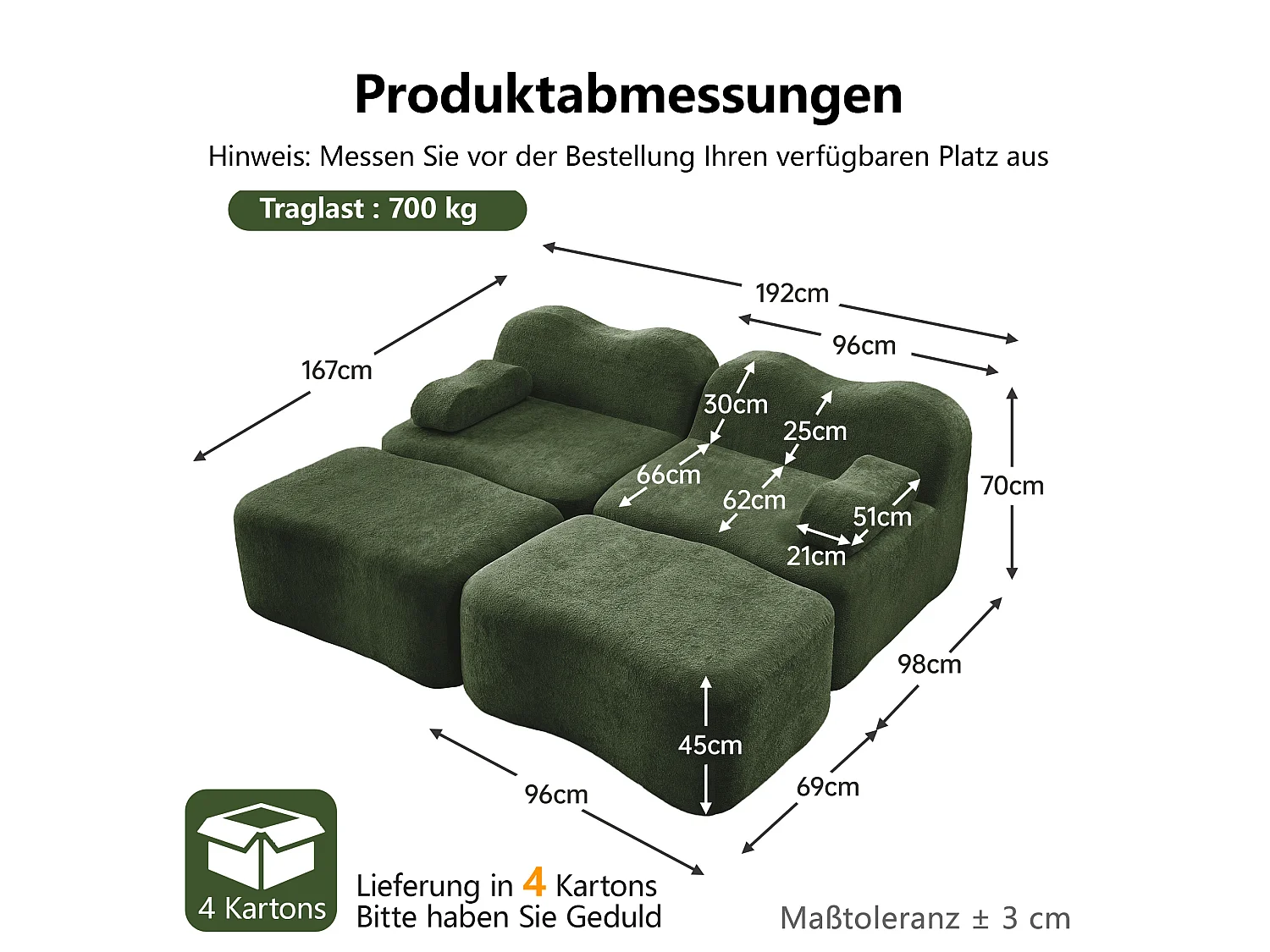 Modulaire 2-zitsbank van fluweel met 2 voetenbankjes - Golvend design - Groen