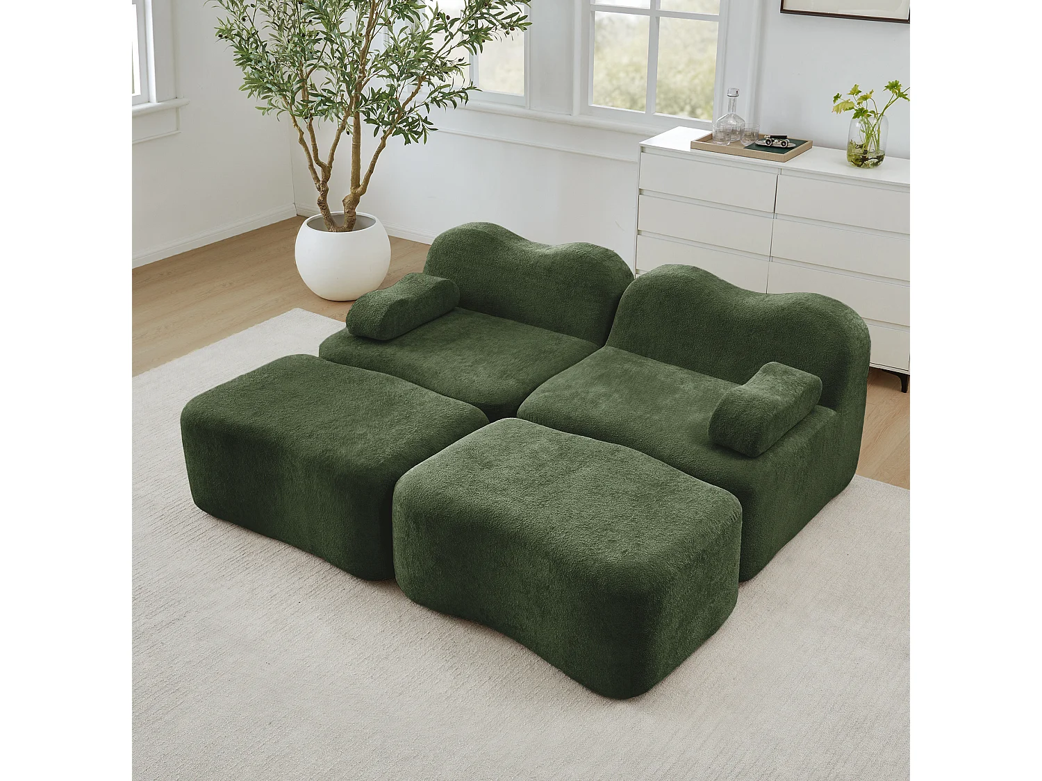 Modulaire 2-zitsbank van fluweel met 2 voetenbankjes - Golvend design - Groen