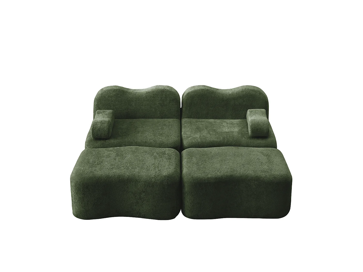 Modulaire 2-zitsbank van fluweel met 2 voetenbankjes - Golvend design - Groen