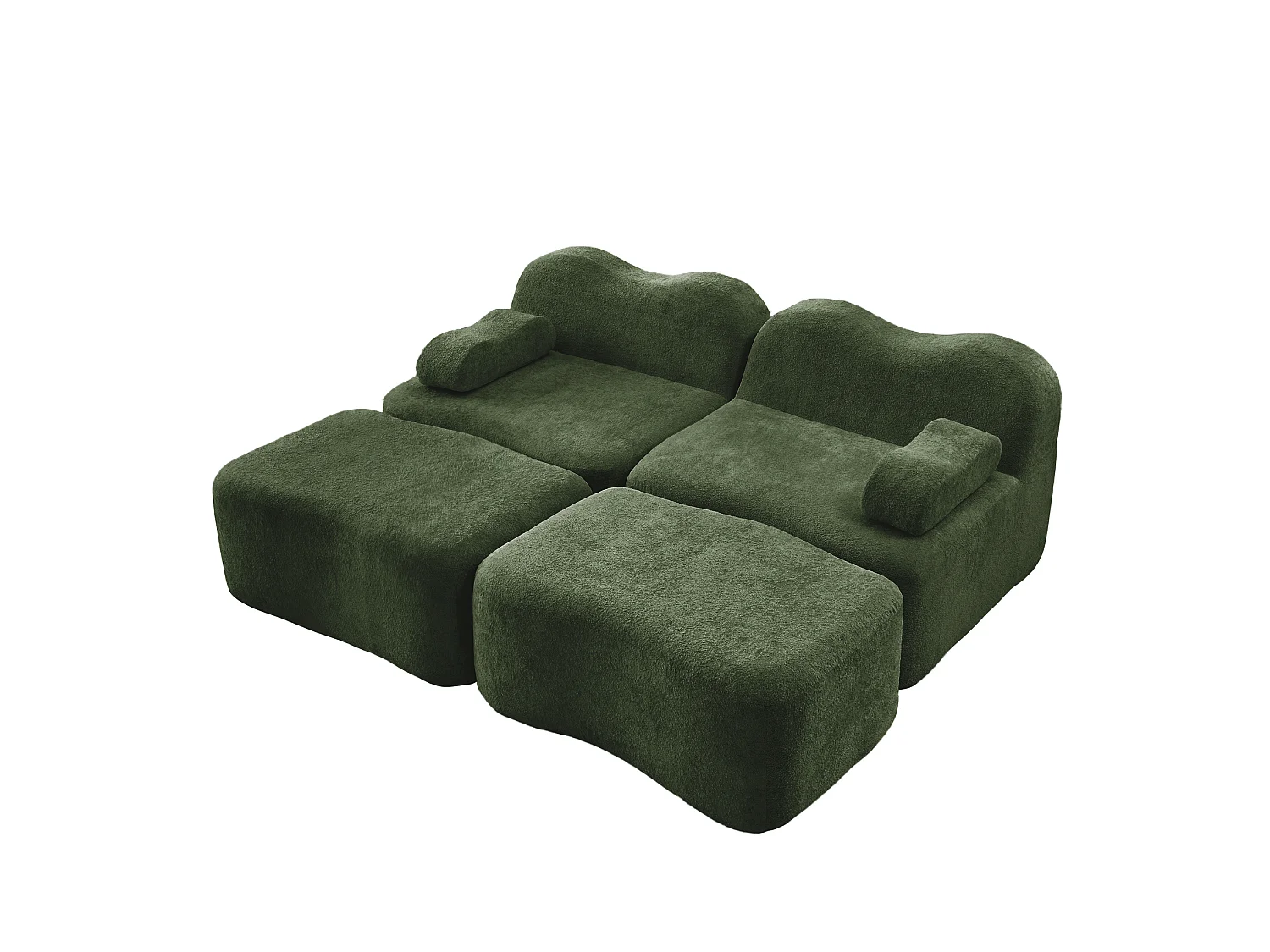 Modulaire 2-zitsbank van fluweel met 2 voetenbankjes - Golvend design - Groen