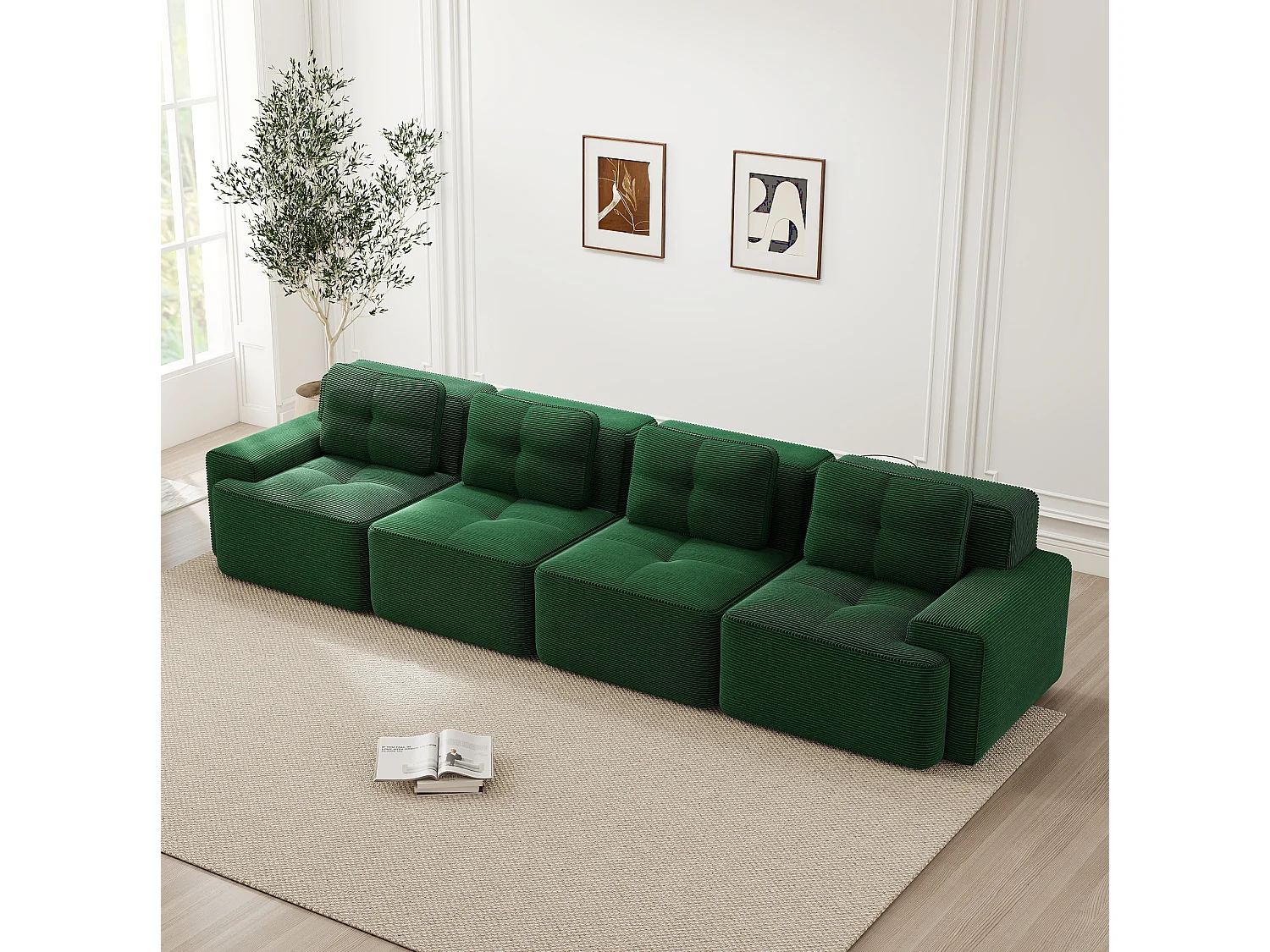 Canapé modulable 4 places 382 cm en velours côtelé - Vert - Sans montage