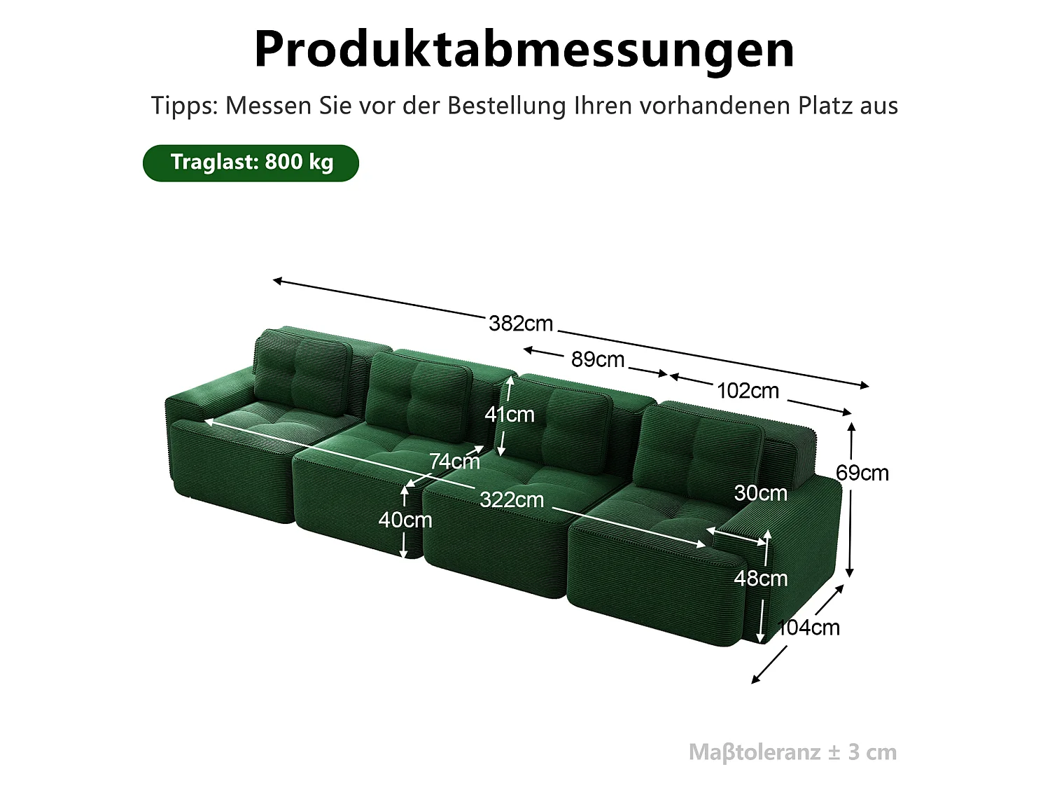 Canapé modulable 4 places 382 cm en velours côtelé - Vert - Sans montage