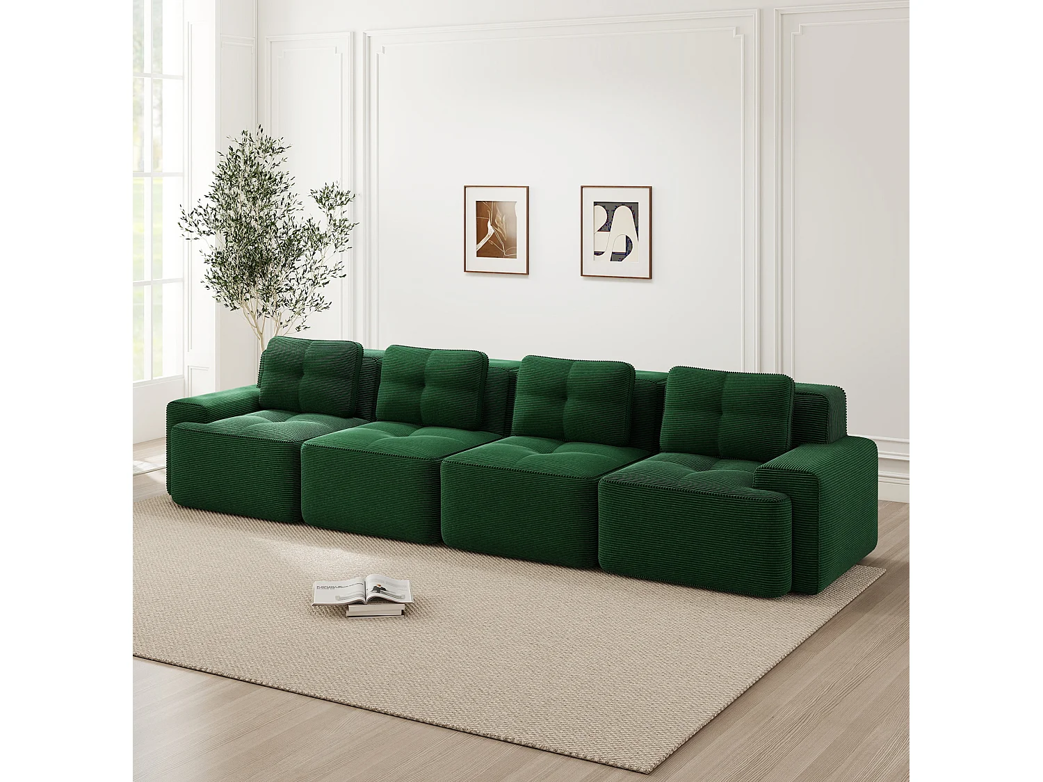 Canapé modulable 4 places 382 cm en velours côtelé - Vert - Sans montage