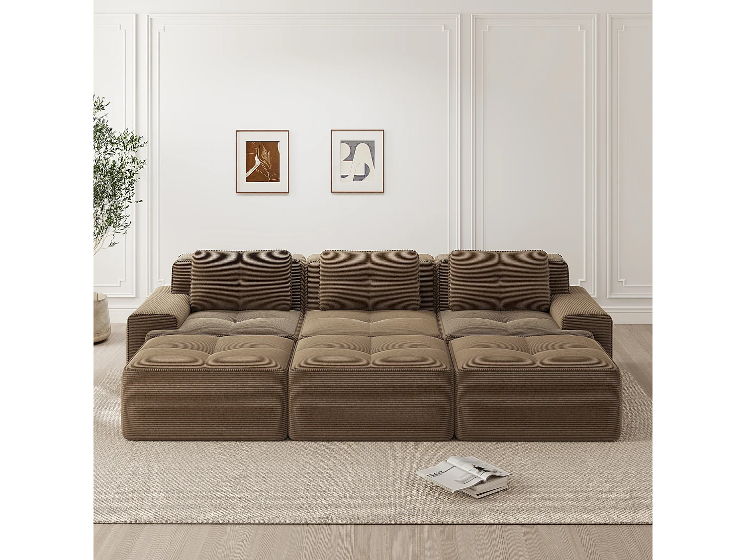Canapé modulable 3 places avec 3 poufs et 3 coussins - Velours côtelé - Marron