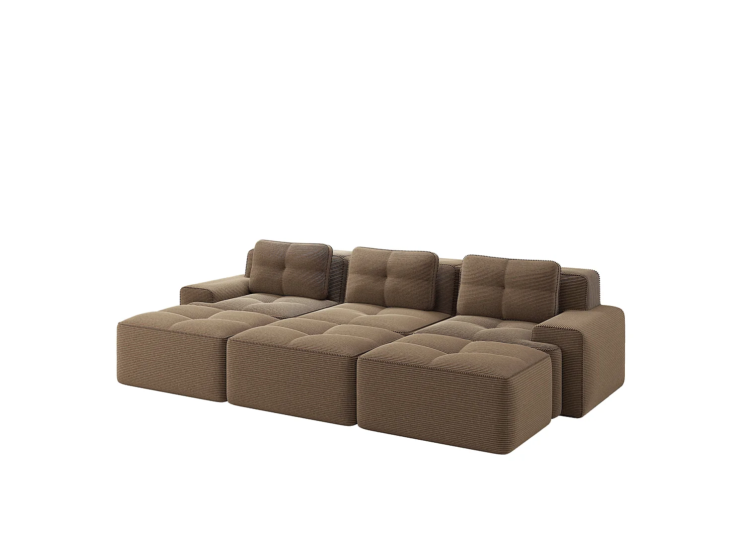 Canapé modulable 3 places avec 3 poufs et 3 coussins - Velours côtelé - Marron