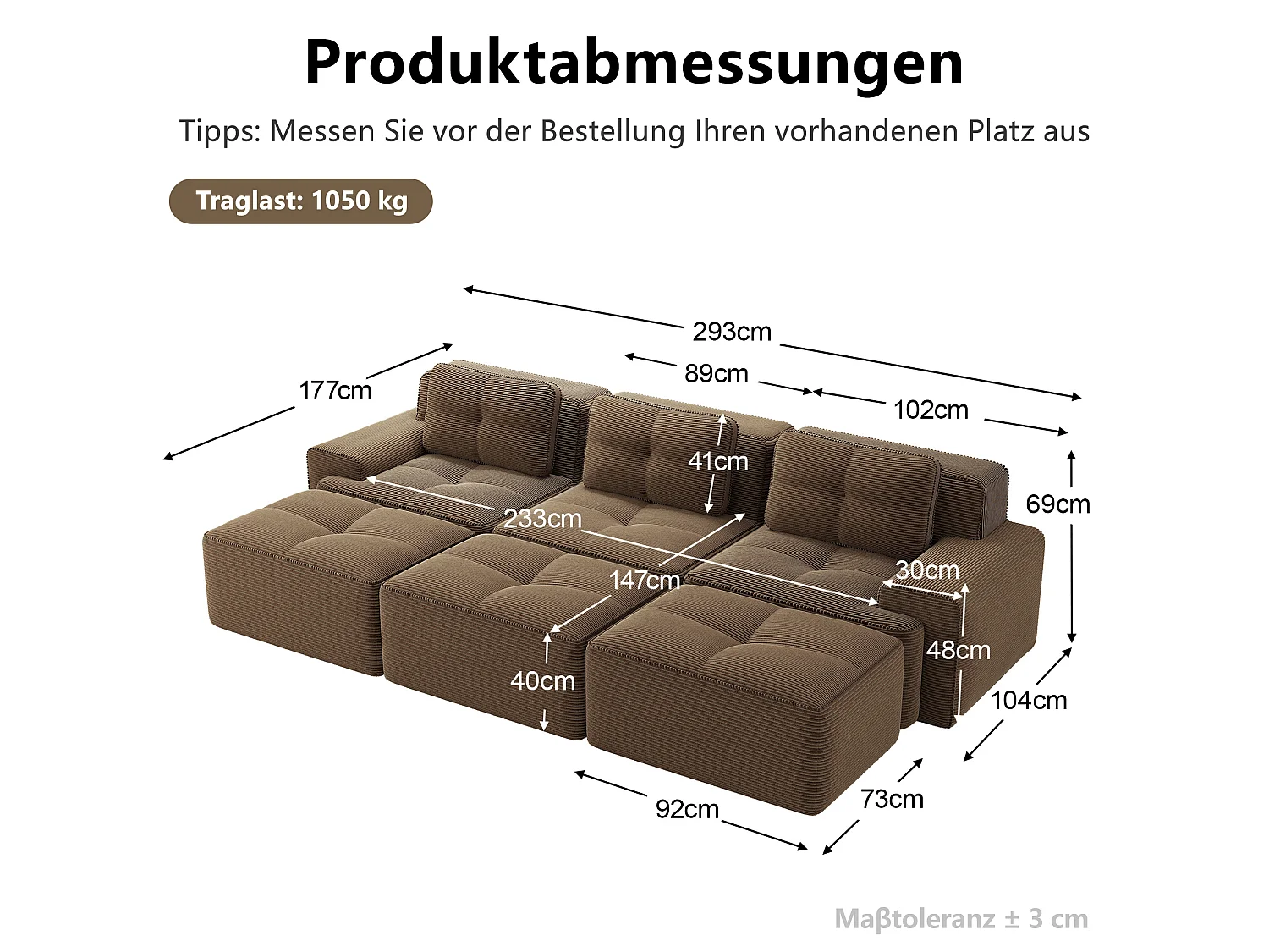 Canapé modulable 3 places avec 3 poufs et 3 coussins - Velours côtelé - Marron