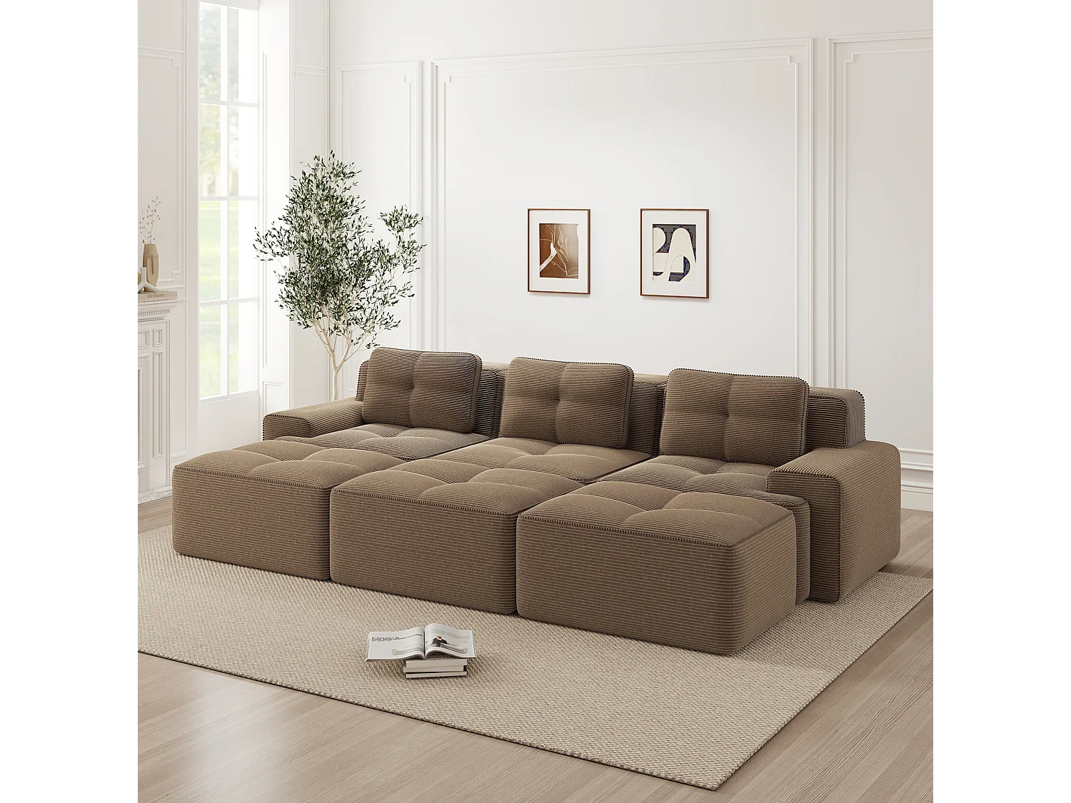 Canapé modulable 3 places avec 3 poufs et 3 coussins - Velours côtelé - Marron