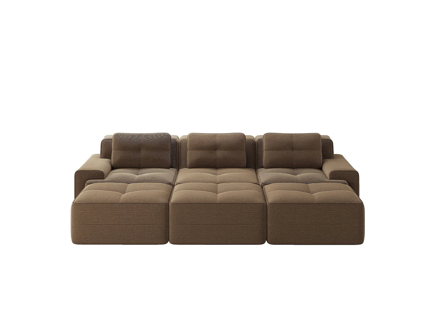 Canapé modulable 3 places avec 3 poufs et 3 coussins - Velours côtelé - Marron