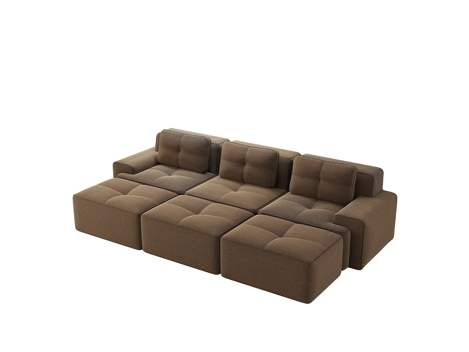 Canapé modulable 3 places avec 3 poufs et 3 coussins - Velours côtelé - Marron