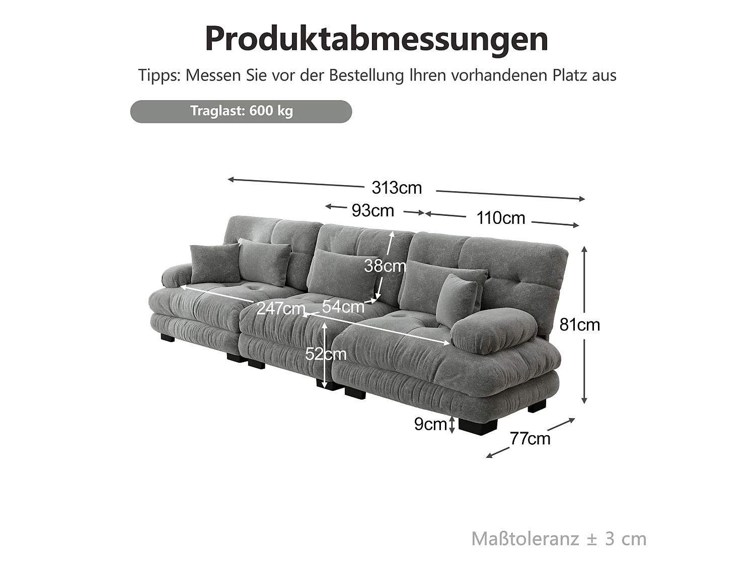 Canapé modulable 3 places en chenille avec assise profonde - Gris