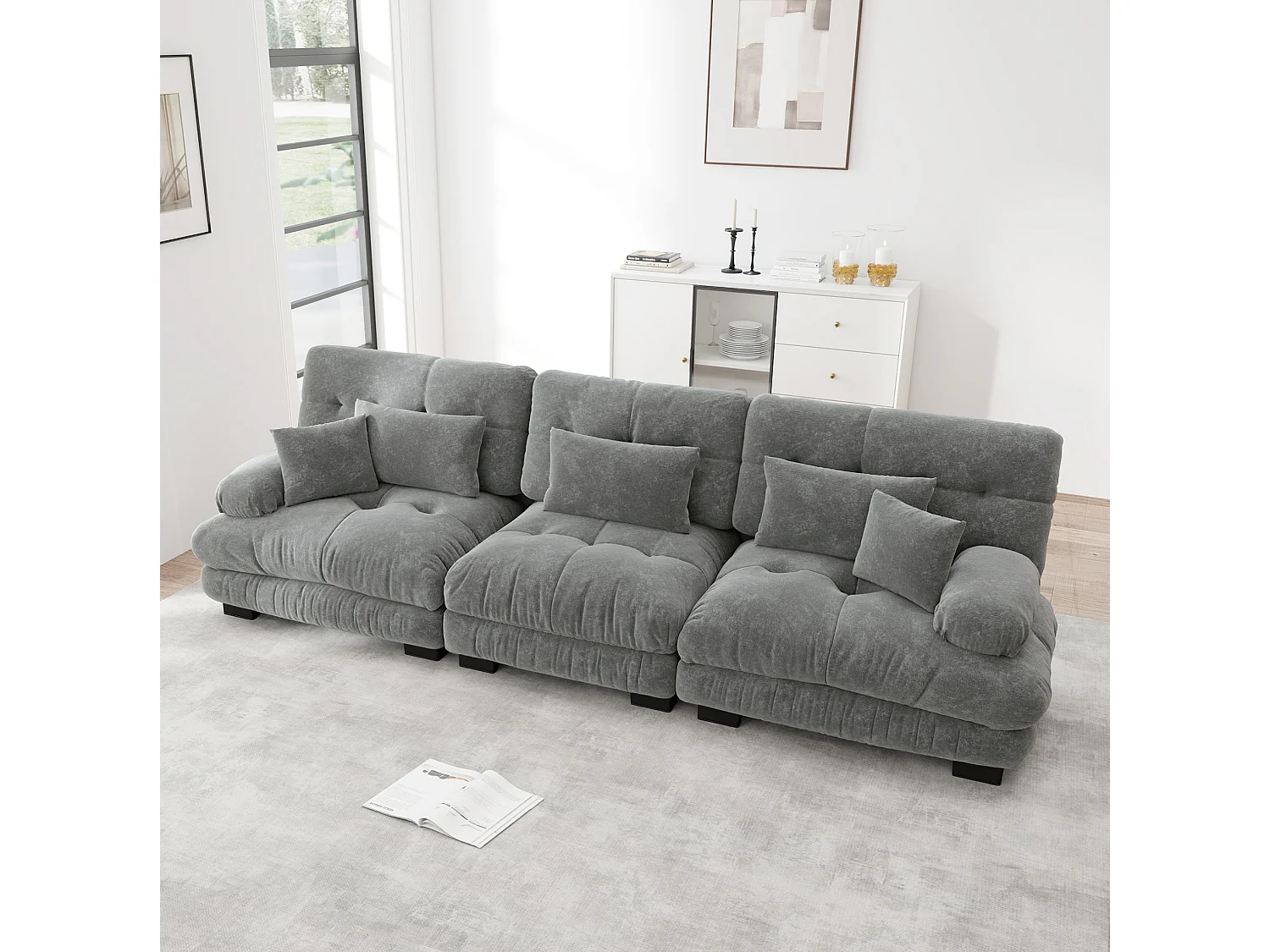 Canapé modulable 3 places en chenille avec assise profonde - Gris