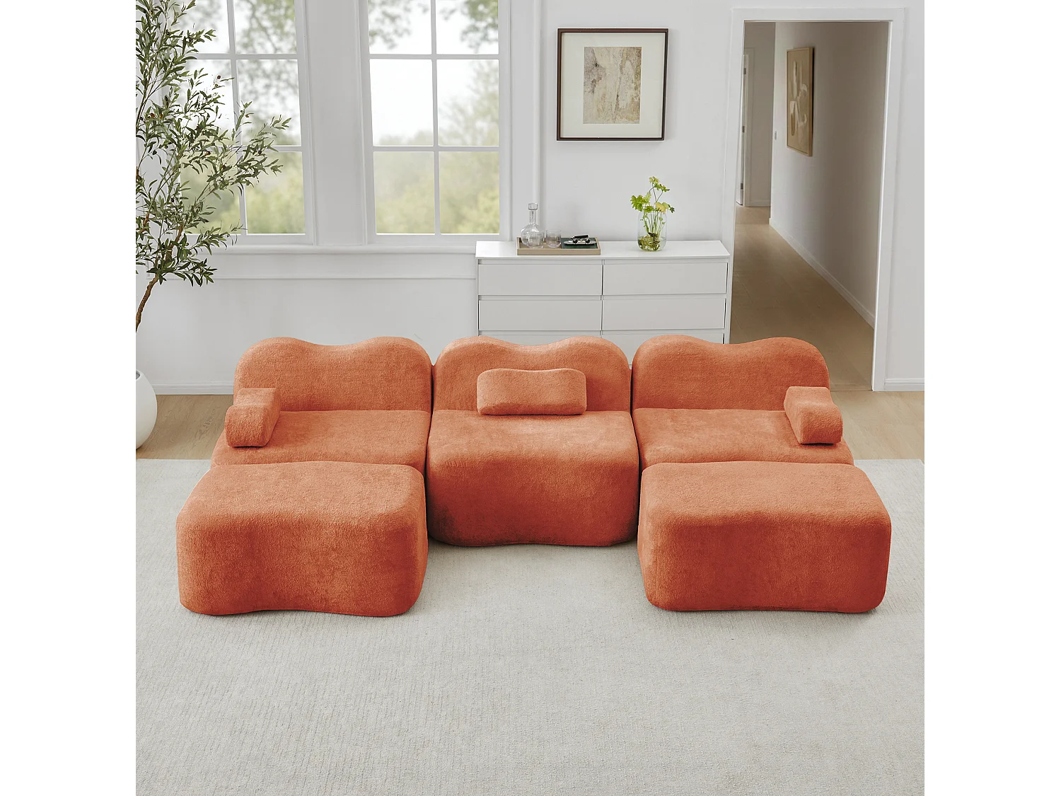 Sofá modular de 3 plazas de terciopelo con reposabrazos extraíbles y 2 otomanas - Naranja
