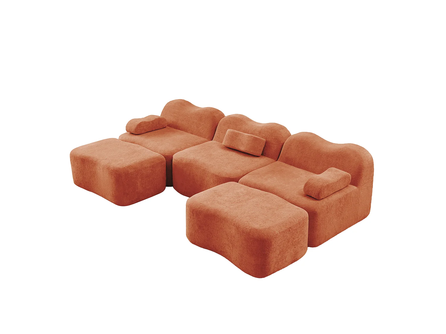 Sofá modular de 3 plazas de terciopelo con reposabrazos extraíbles y 2 otomanas - Naranja