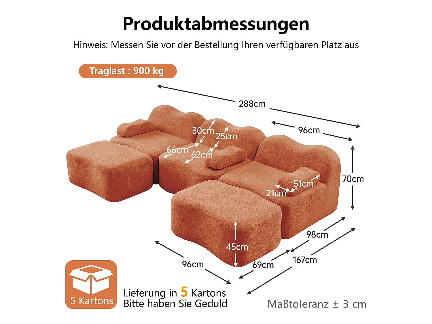 Sofá modular de 3 plazas de terciopelo con reposabrazos extraíbles y 2 otomanas - Naranja