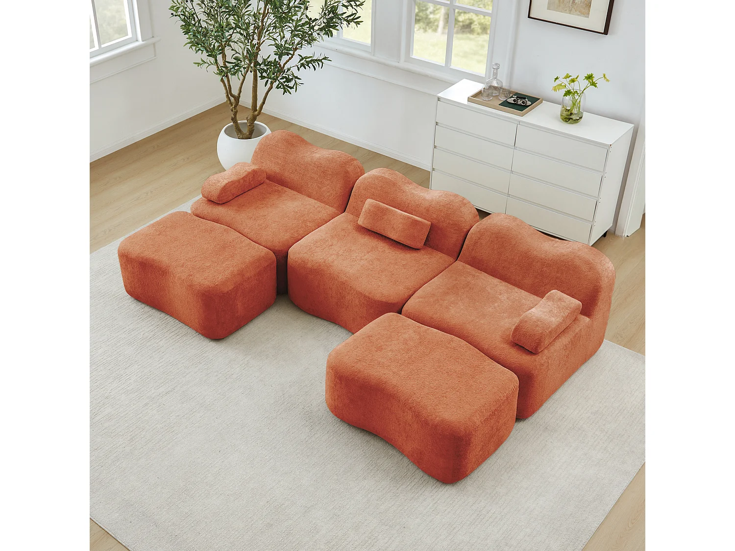 Sofá modular de 3 plazas de terciopelo con reposabrazos extraíbles y 2 otomanas - Naranja