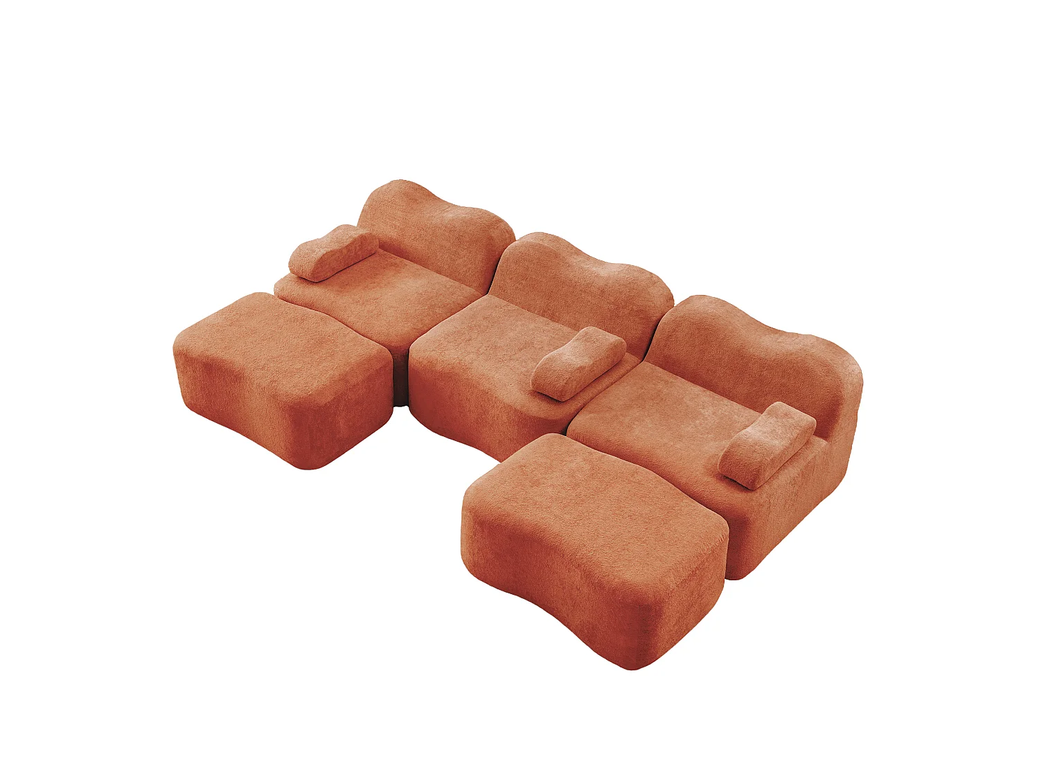 Sofá modular de 3 plazas de terciopelo con reposabrazos extraíbles y 2 otomanas - Naranja
