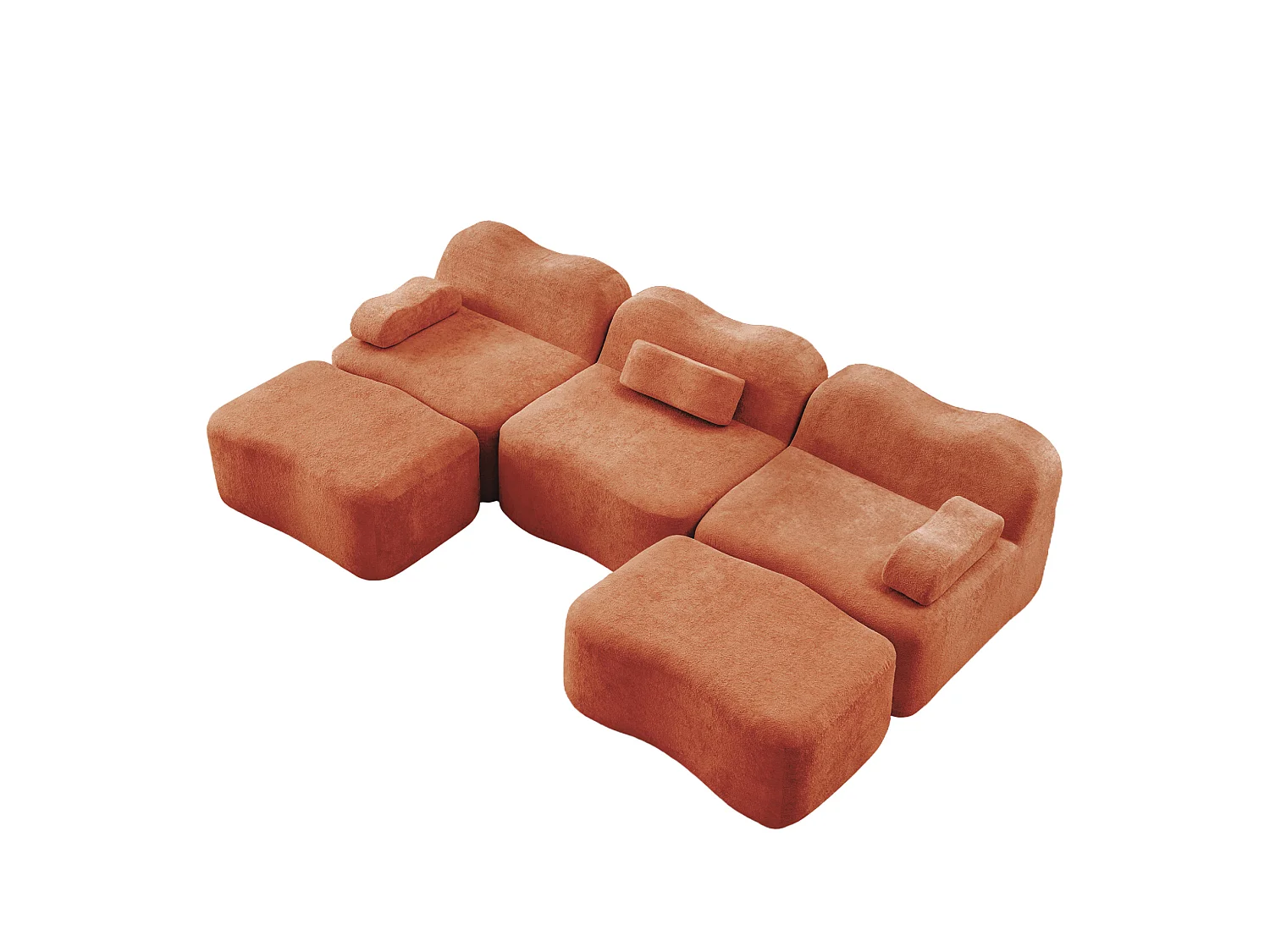 Sofá modular de 3 plazas de terciopelo con reposabrazos extraíbles y 2 otomanas - Naranja