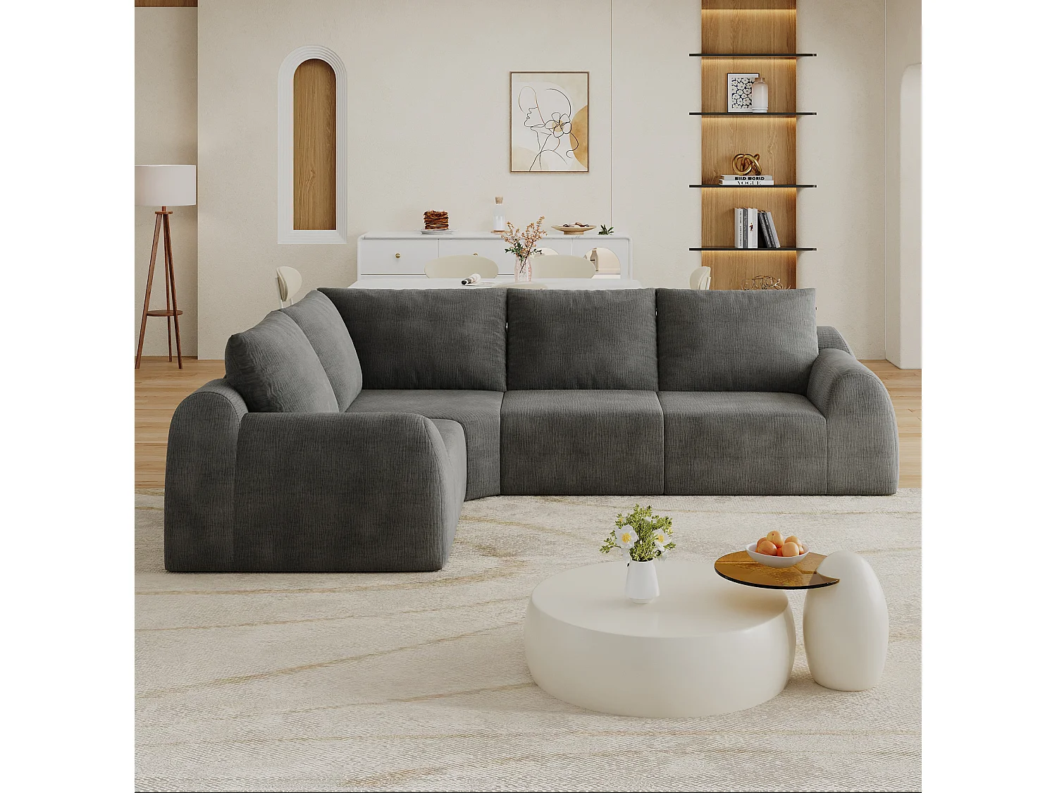 Canapé d'angle modulable 4 places en L en chenille - Gris foncé