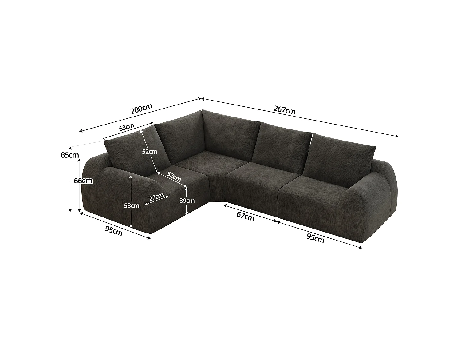 Canapé d'angle modulable 4 places en L en chenille - Gris foncé