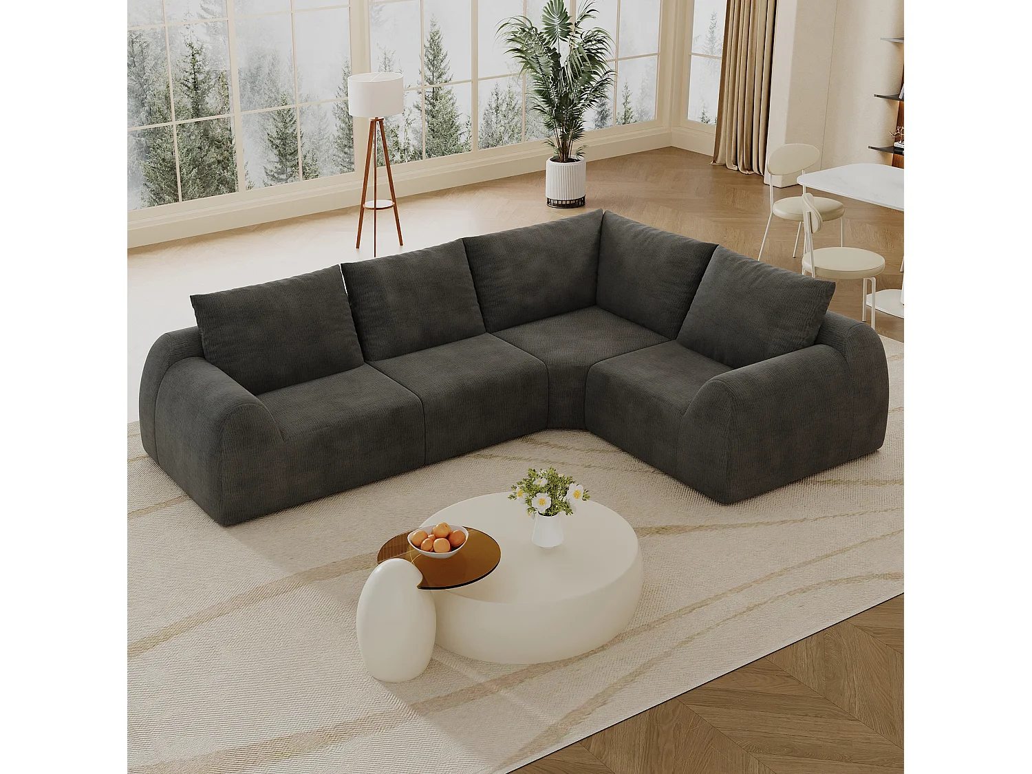 Canapé d'angle modulable 4 places en L en chenille - Gris foncé