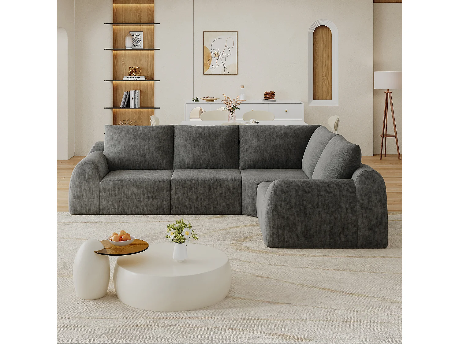 Canapé d'angle modulable 4 places en L en chenille - Gris foncé