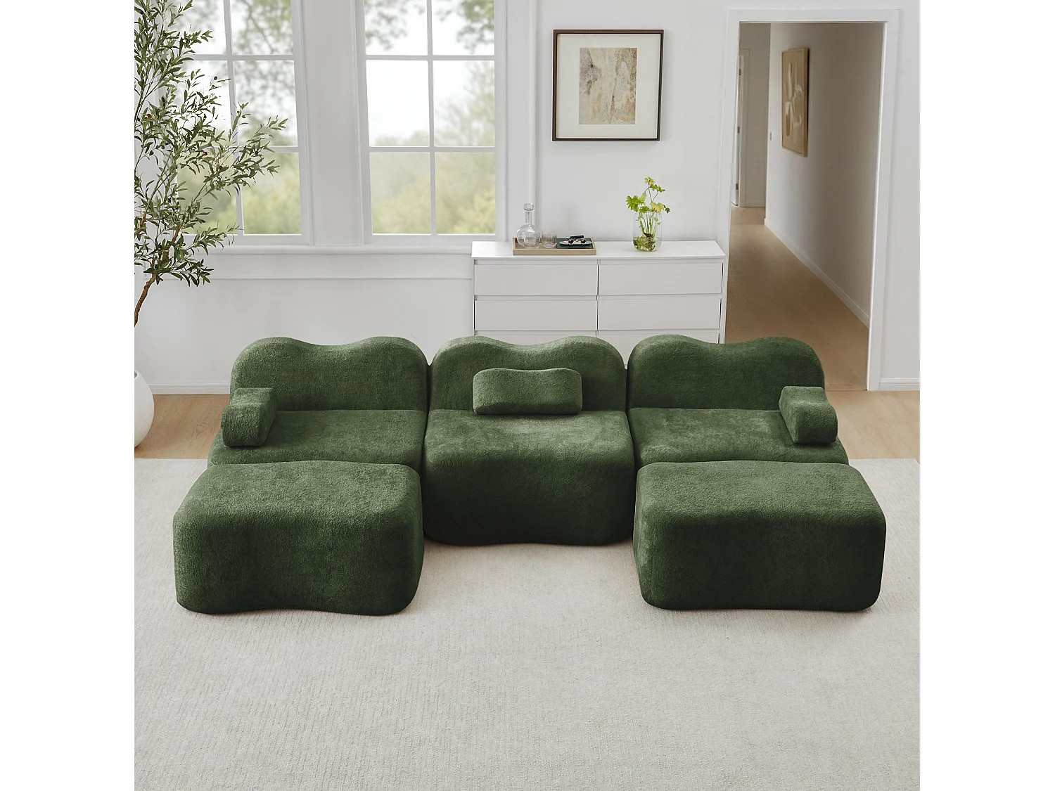Sofá modular de 3 plazas de terciopelo con reposabrazos extraíbles y 2 otomanas - Verde