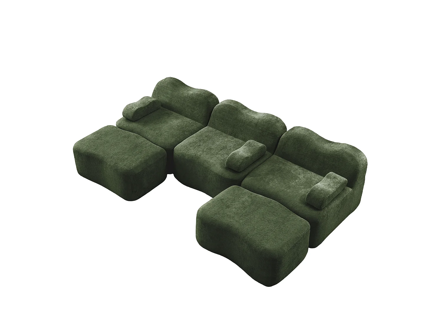 Sofá modular de 3 plazas de terciopelo con reposabrazos extraíbles y 2 otomanas - Verde