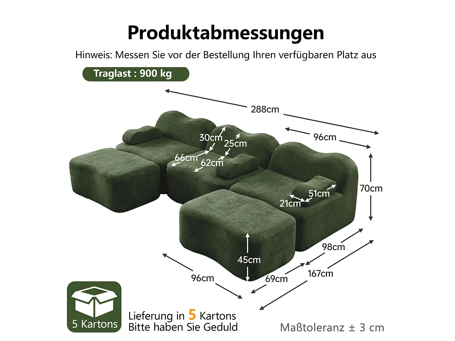 Sofá modular de 3 plazas de terciopelo con reposabrazos extraíbles y 2 otomanas - Verde