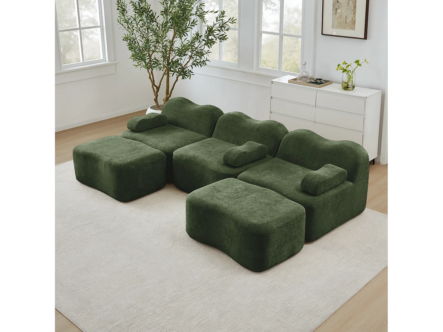 Sofá modular de 3 plazas de terciopelo con reposabrazos extraíbles y 2 otomanas - Verde