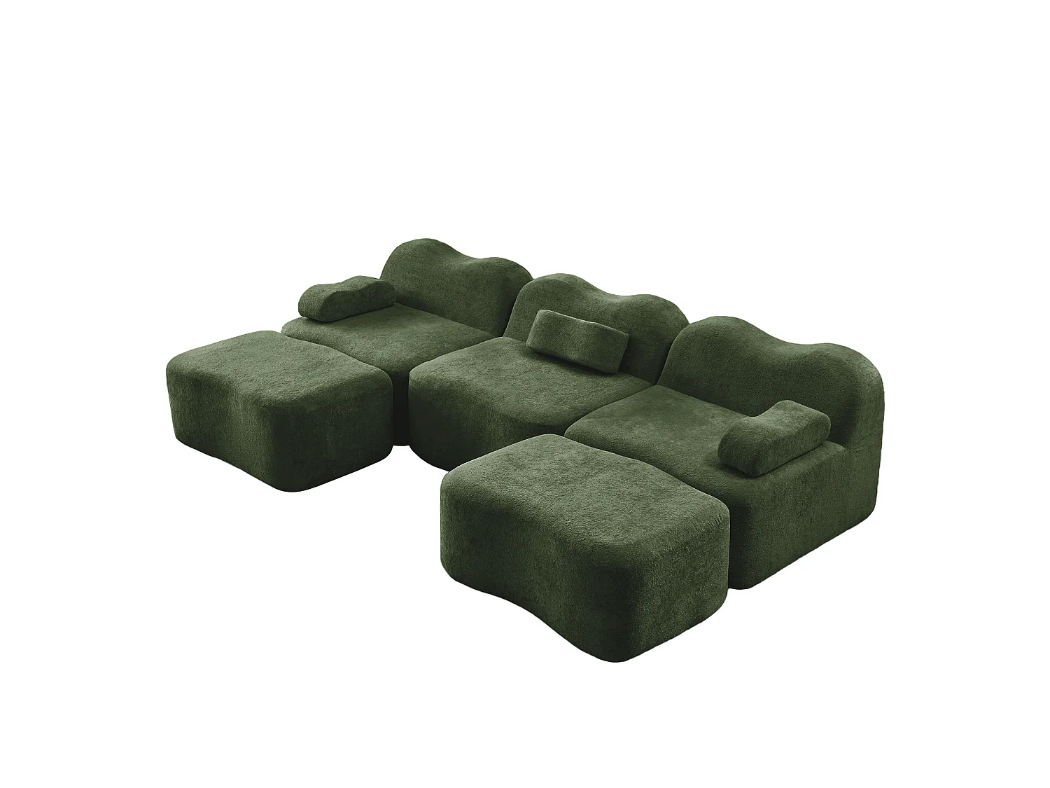 Sofá modular de 3 plazas de terciopelo con reposabrazos extraíbles y 2 otomanas - Verde