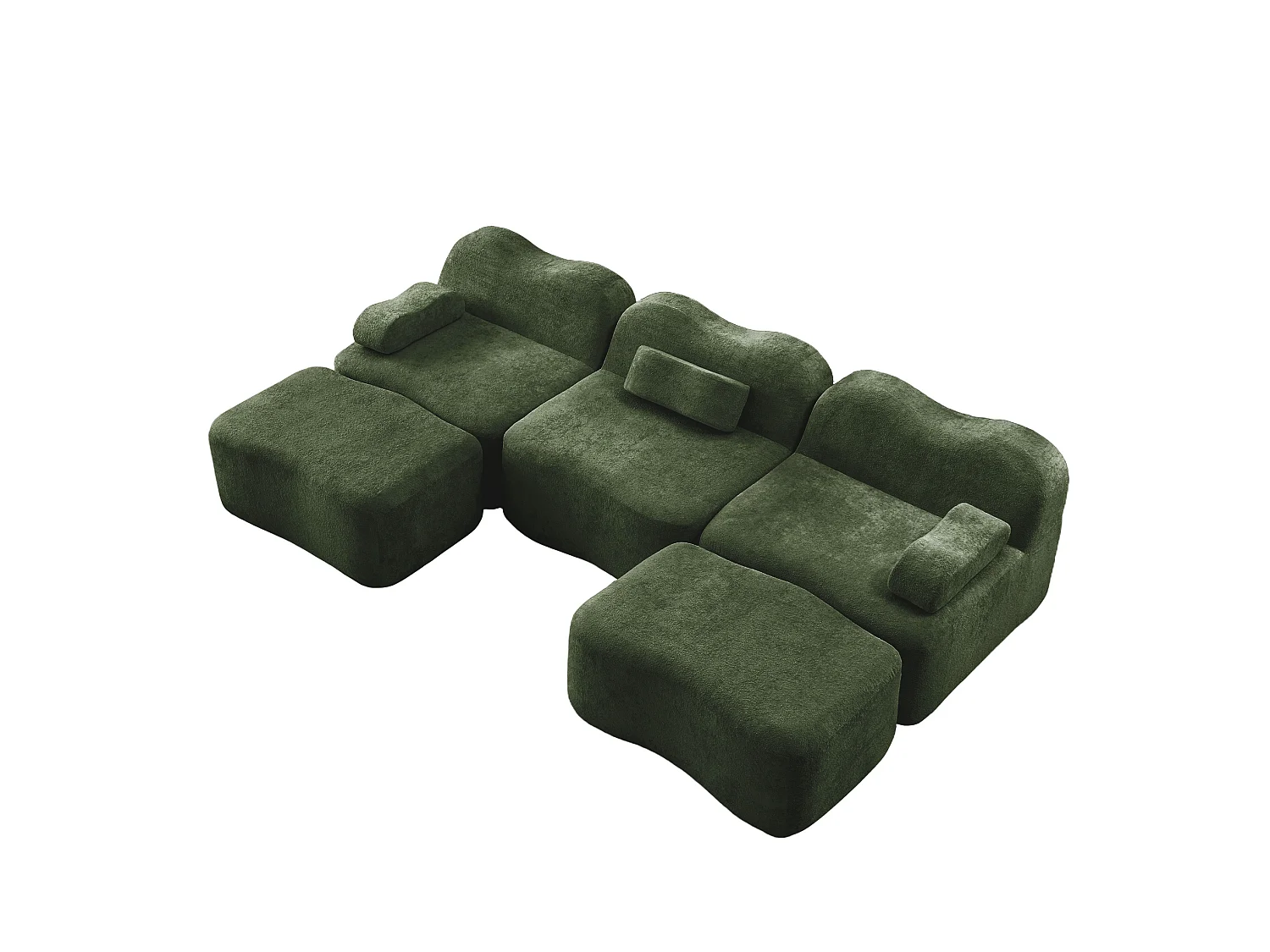 Sofá modular de 3 plazas de terciopelo con reposabrazos extraíbles y 2 otomanas - Verde