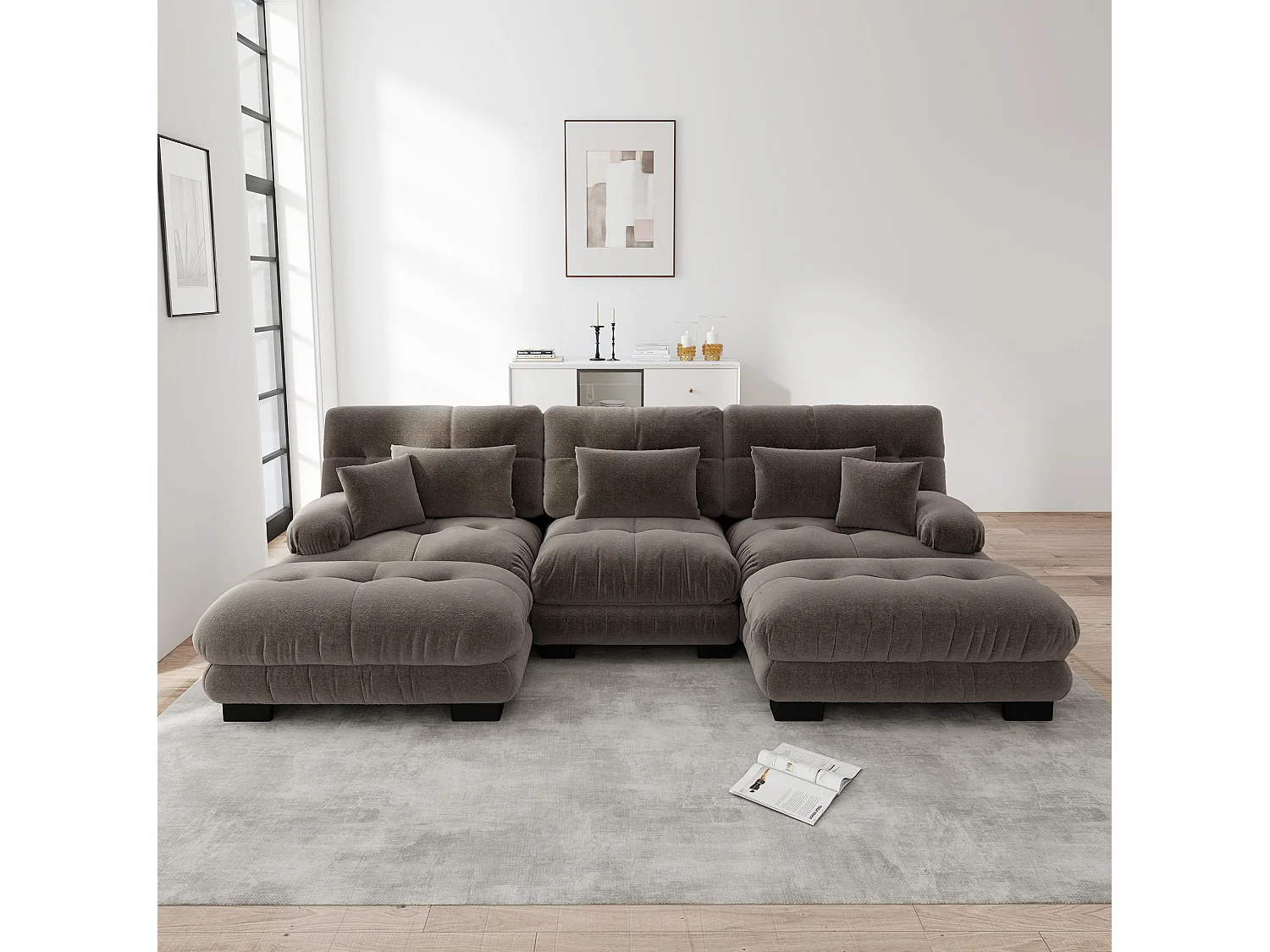 Canapé modulable 3 places 313 cm avec 2 poufs - Tissu chenille marron