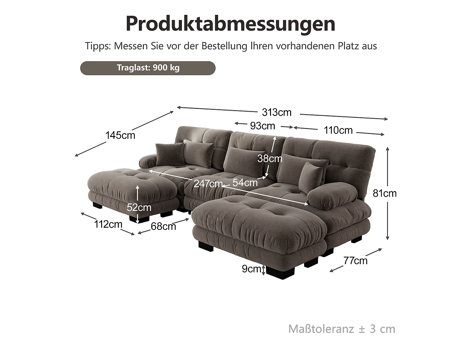 Canapé modulable 3 places 313 cm avec 2 poufs - Tissu chenille marron