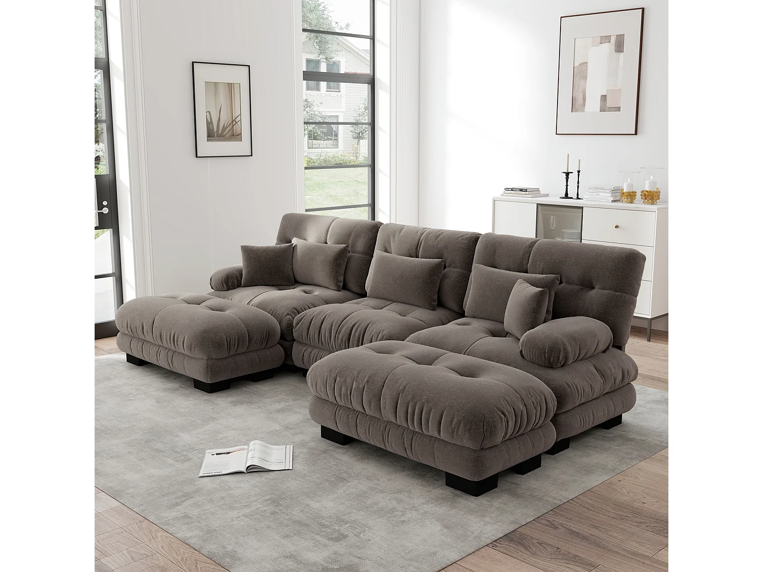 Canapé modulable 3 places 313 cm avec 2 poufs - Tissu chenille marron