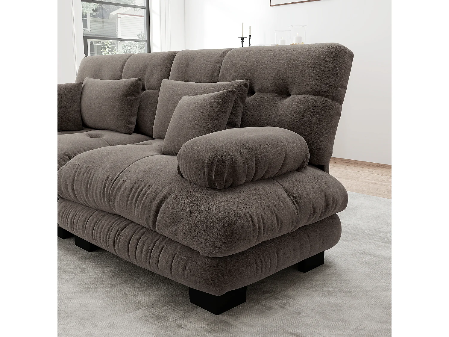 Canapé modulable 3 places 313 cm avec 2 poufs - Tissu chenille marron