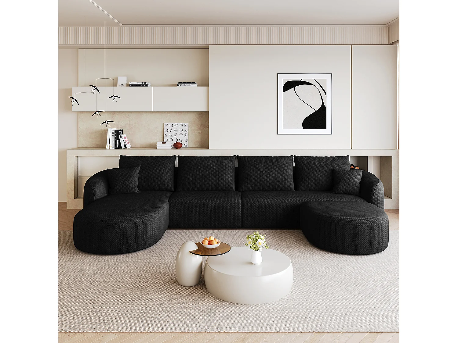 Canapé d'angle modulable 4 places 336 cm avec pouf - Tissu chenille noir