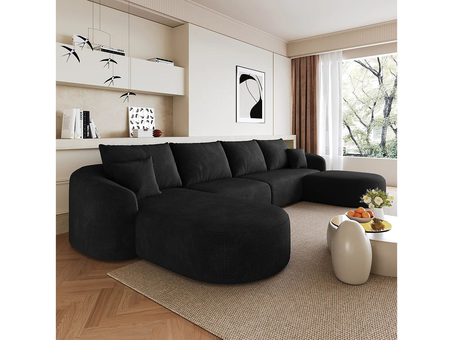 Canapé d'angle modulable 4 places 336 cm avec pouf - Tissu chenille noir